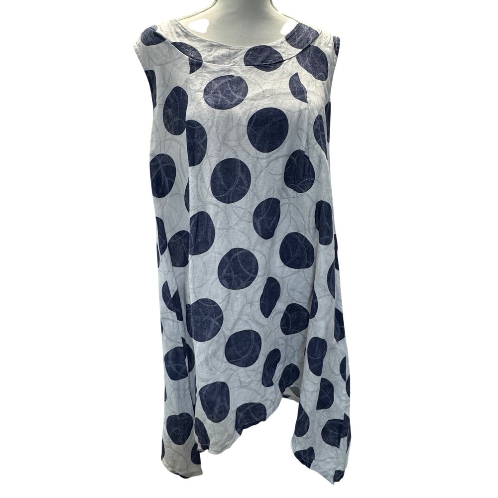 Luca Vanucci Italy 100% Linen Polka Dot Sleeveless Tunic Dress Navy White Large